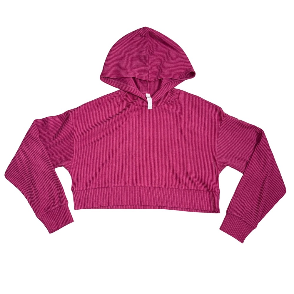 Alo Yoga Muse Ribbed Cropped Hoodie Women S Pink Magenta Excellent Ribbed Knit
